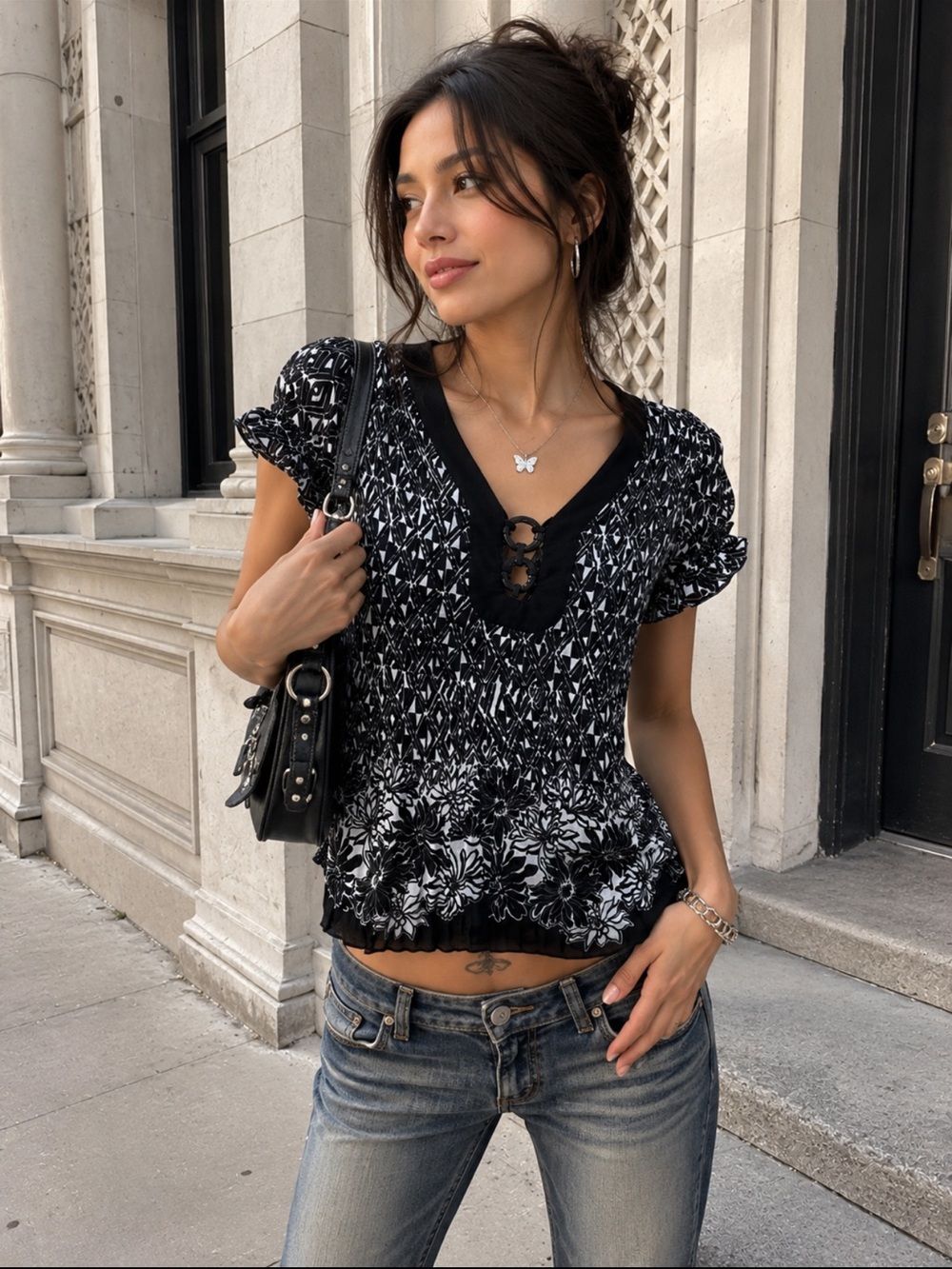 Vintage Y2K Black White Floral Print Bubble Hem Peplum Chiffon Top Plus Size